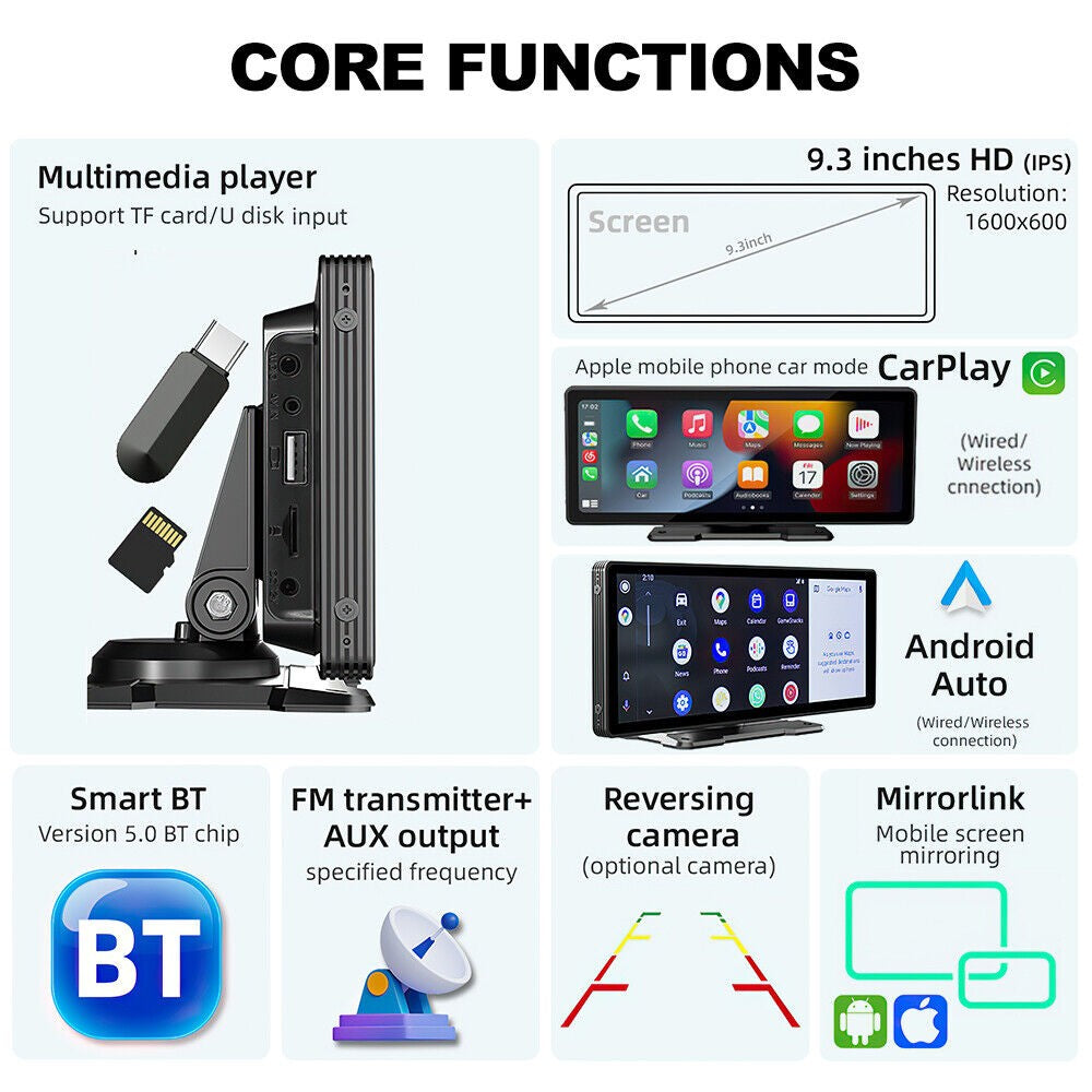 9" Portable Wireless Apple Carplay Android Car Stereo