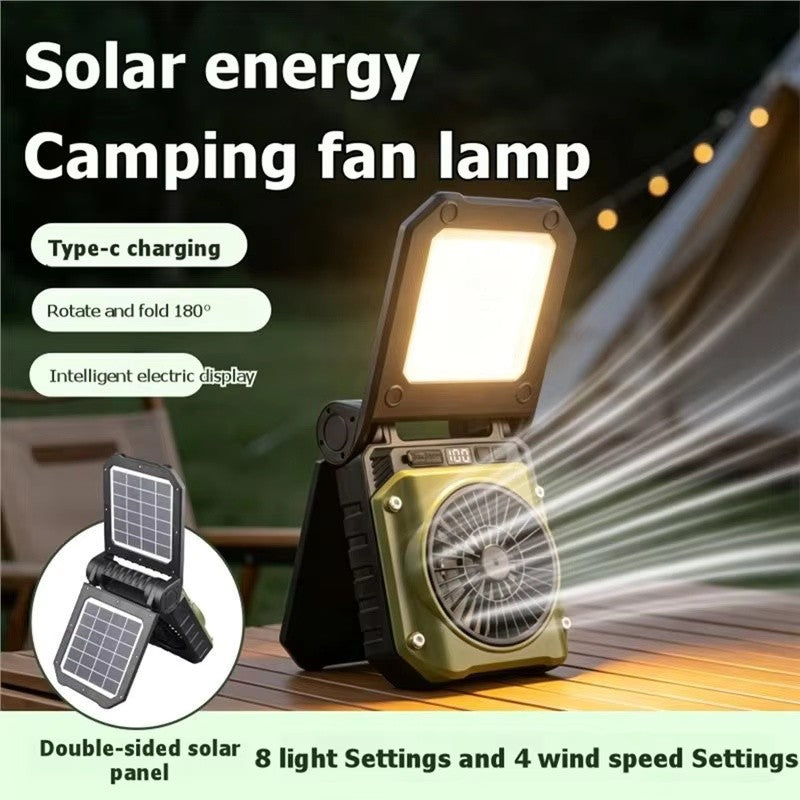 Solar Camping Fan with LED Light Portable Folding Outdoor Tent Fan Dual Panel