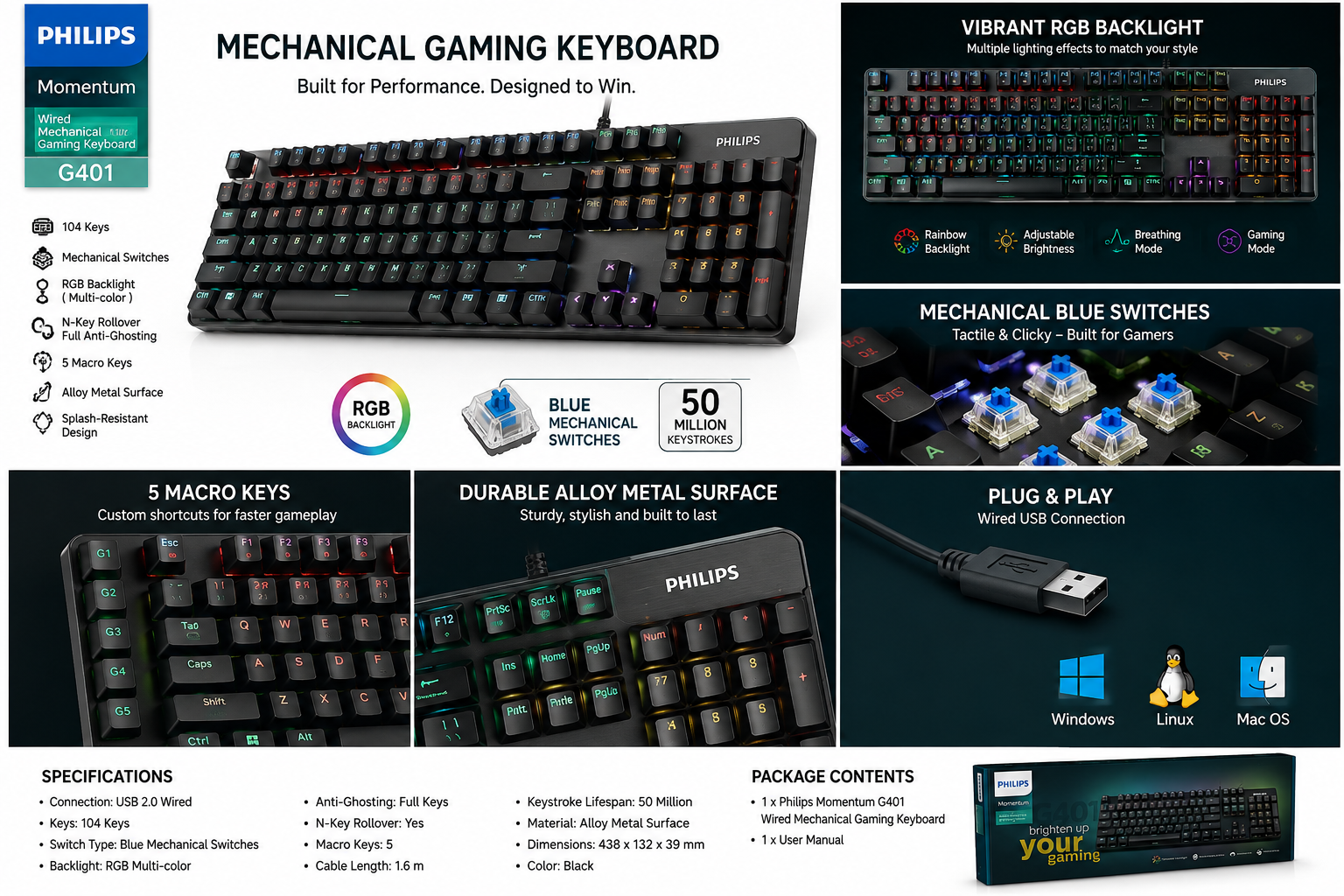 Philips Wired Mechanical Gaming Keyboard - Rainbow Backlight