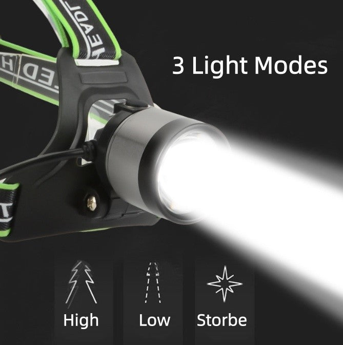 LED Laser Headlamp USB-C Rechargeable Zoomable Focus Floodlight 3 Modes