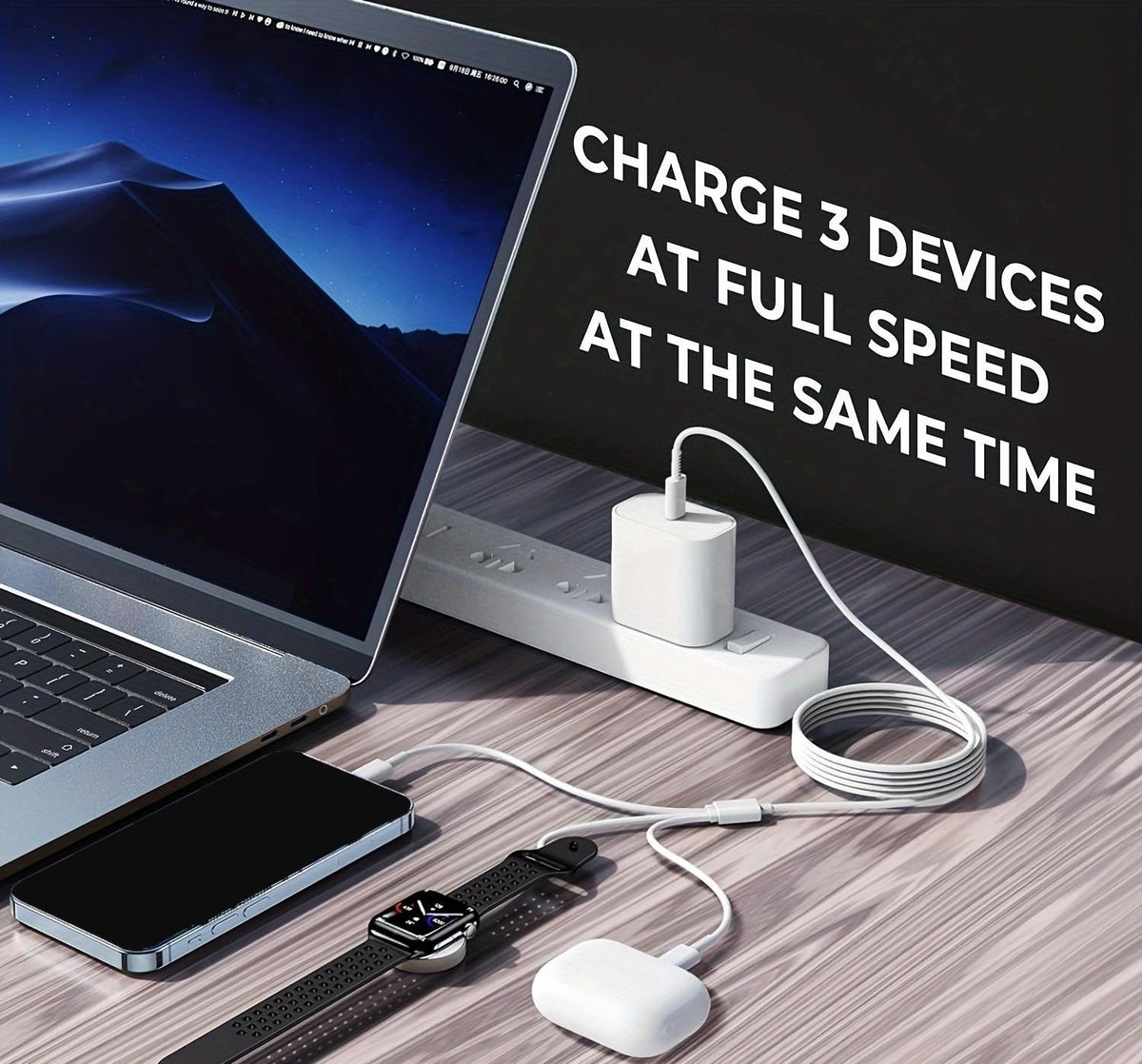 3-in-1 USB-C Charging Cable for Apple Watch, iPhone, iPad & USB-C Android Phones