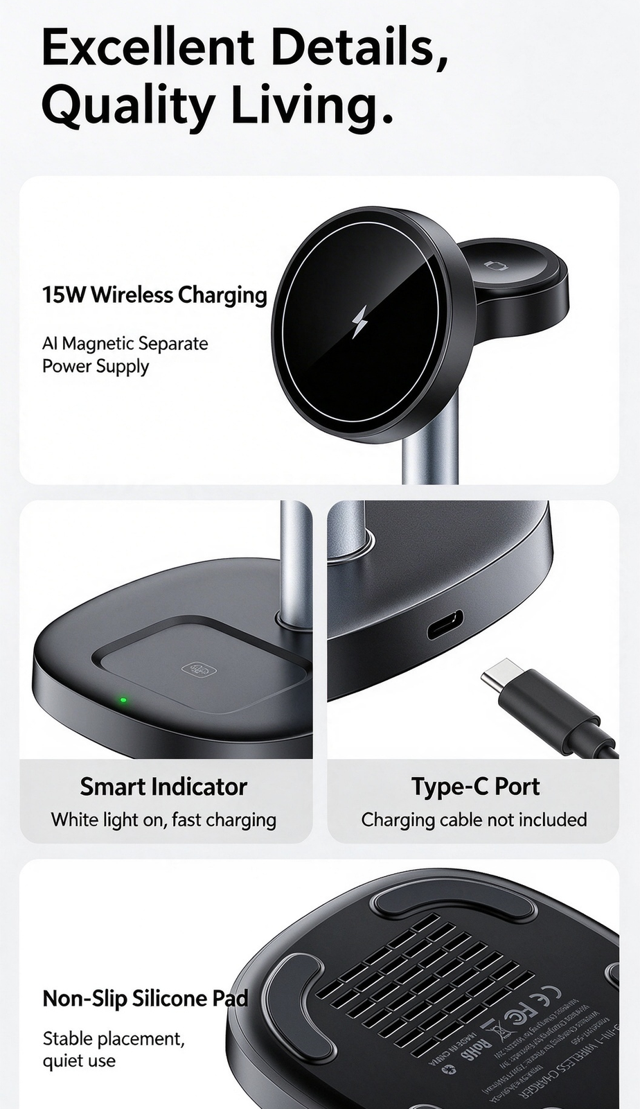 Magnetic Wireless Fast Charging Station 15W for iPhone, Apple Watch and AirPods