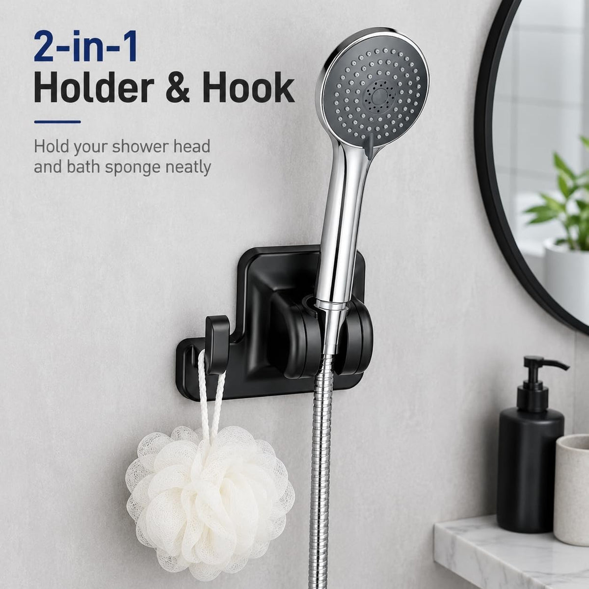 Shower Head Holder 45 Degree Rotatable No Drill Wall Mount Bracket with Hook