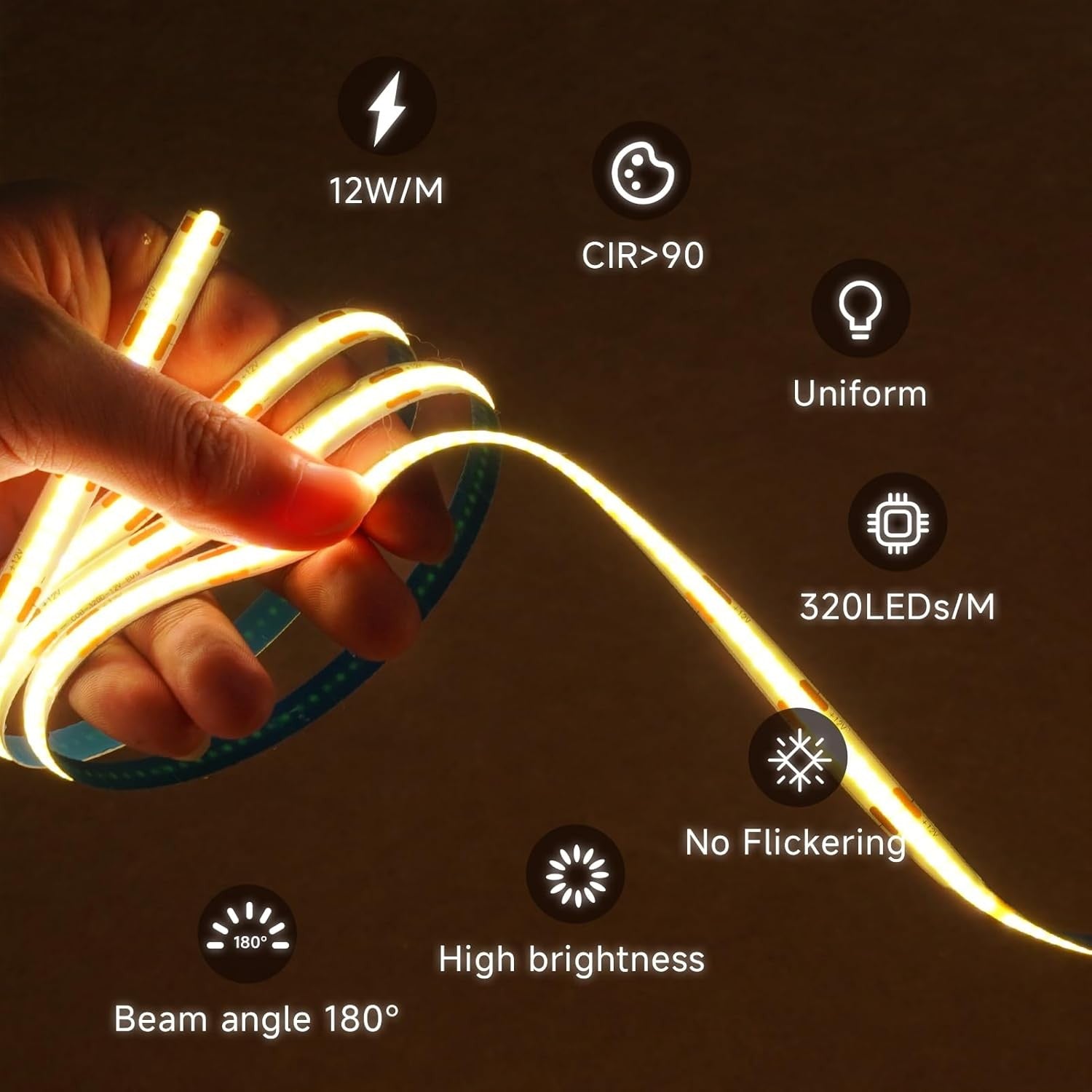 12V COB LED Strip Lights 5M 6000K Cool White 8mm Width LED Strips