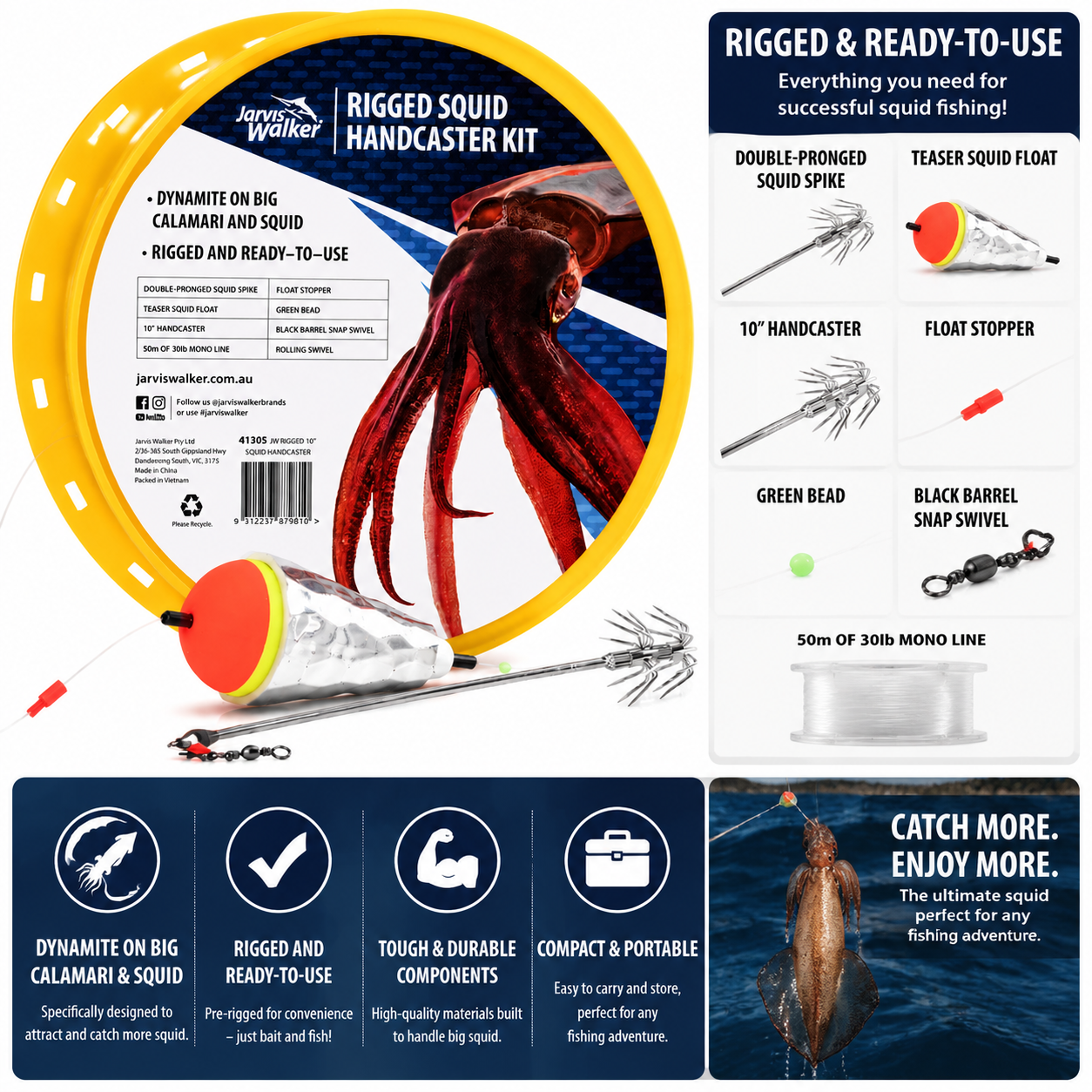 Jarvis Walker Squid Handcaster Kit 2 Pack 10 Inch Rigged Squid Fishing Tackle