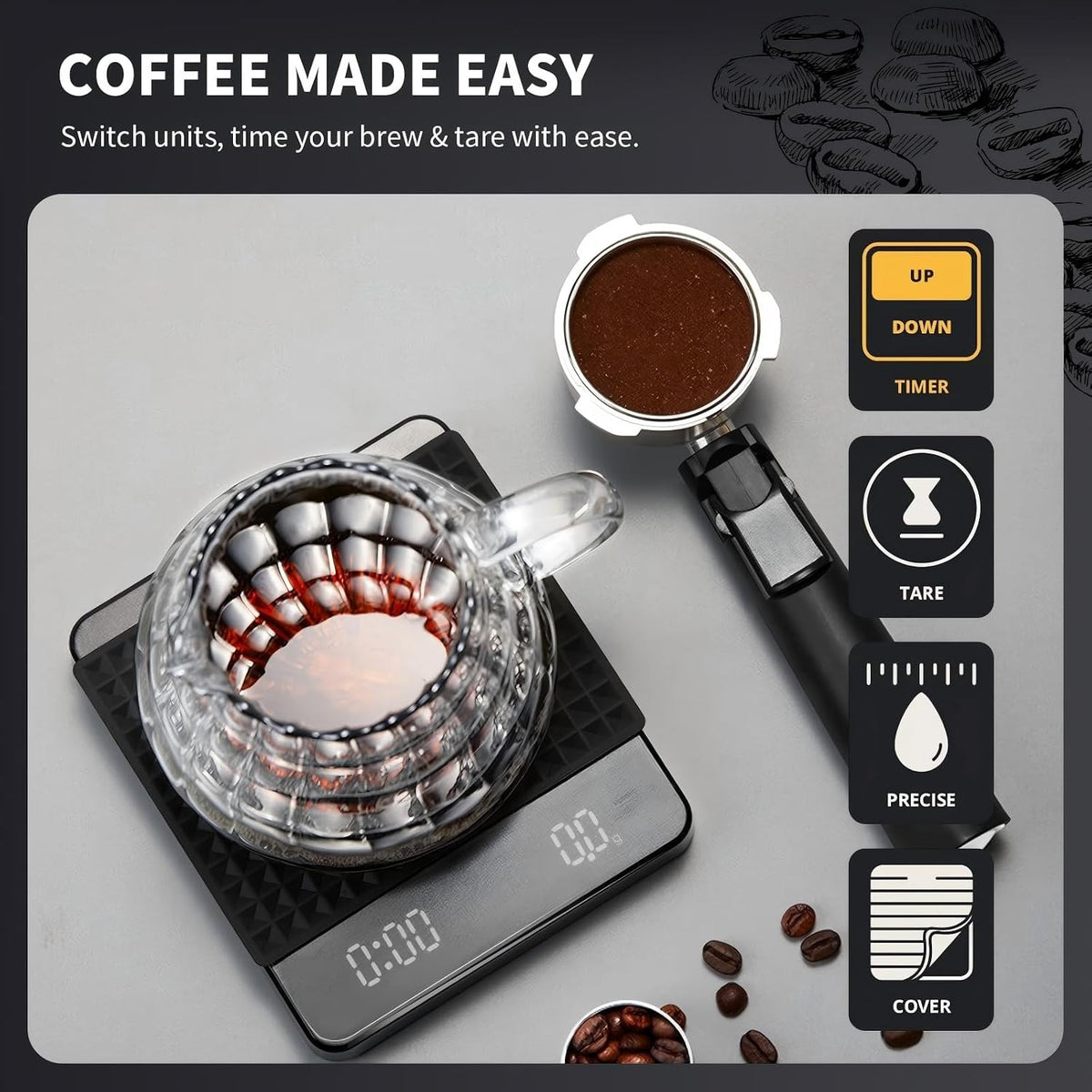 High Precision Digital Coffee Scale Rechargeable LED Display with Timer 3kg