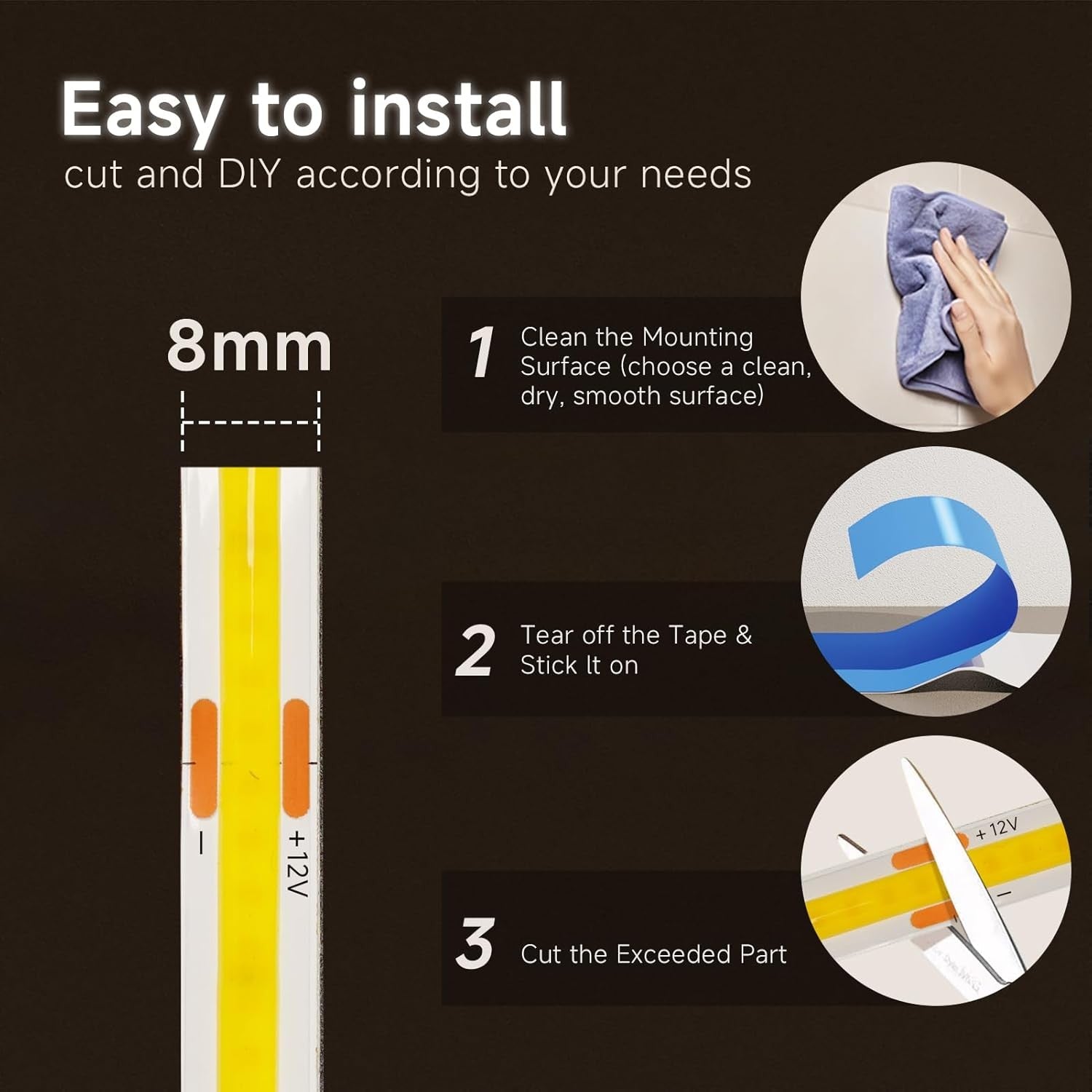 12V COB LED Strip Lights 10M 6000K Cool White 8mm Width LED Strips