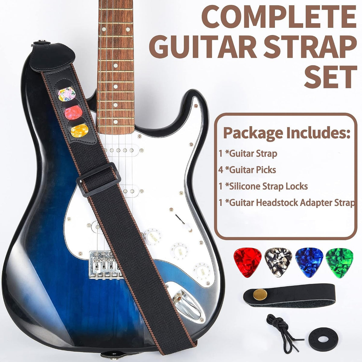 Guitar Strap Set Acoustic Electric Bass with Picks Holder & Strap Lock