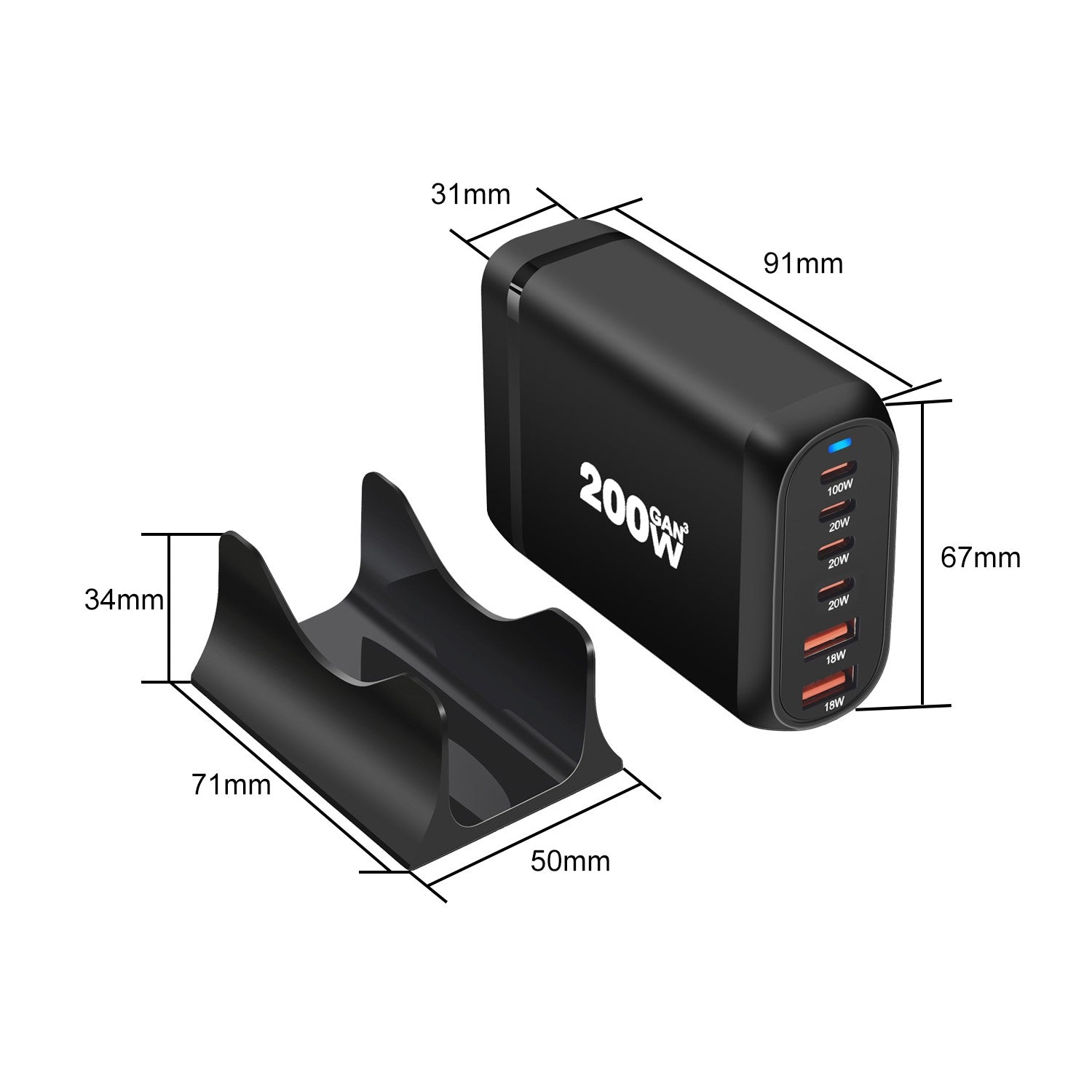200W USB Type C Charger, 6 Ports Fast Charging Station GaN III PD QC Desktop