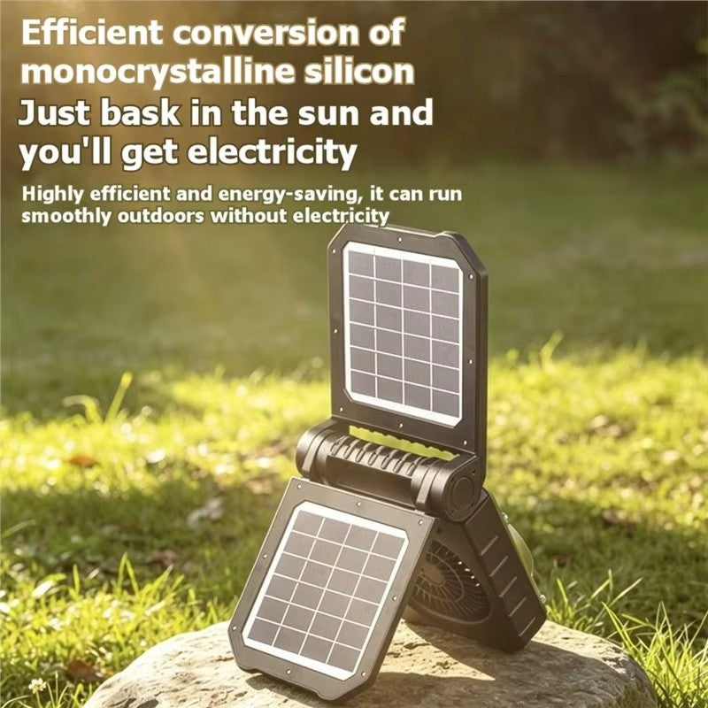 Solar Camping Fan with LED Light Portable Folding Outdoor Tent Fan Dual Panel