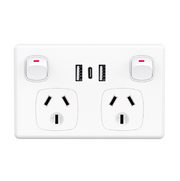 Wall Socket Power Point USB Double - Horizontal - 10A (USB Type C, USB)