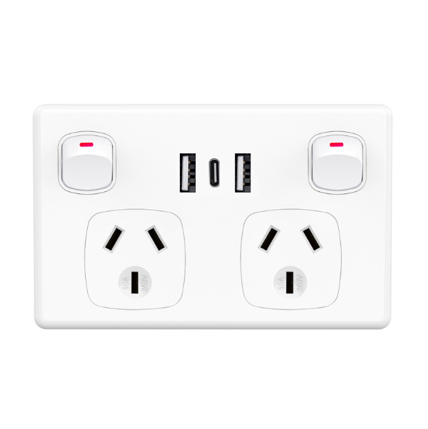 Wall Socket Power Point USB Double - Horizontal - 10A (USB Type C, USB)