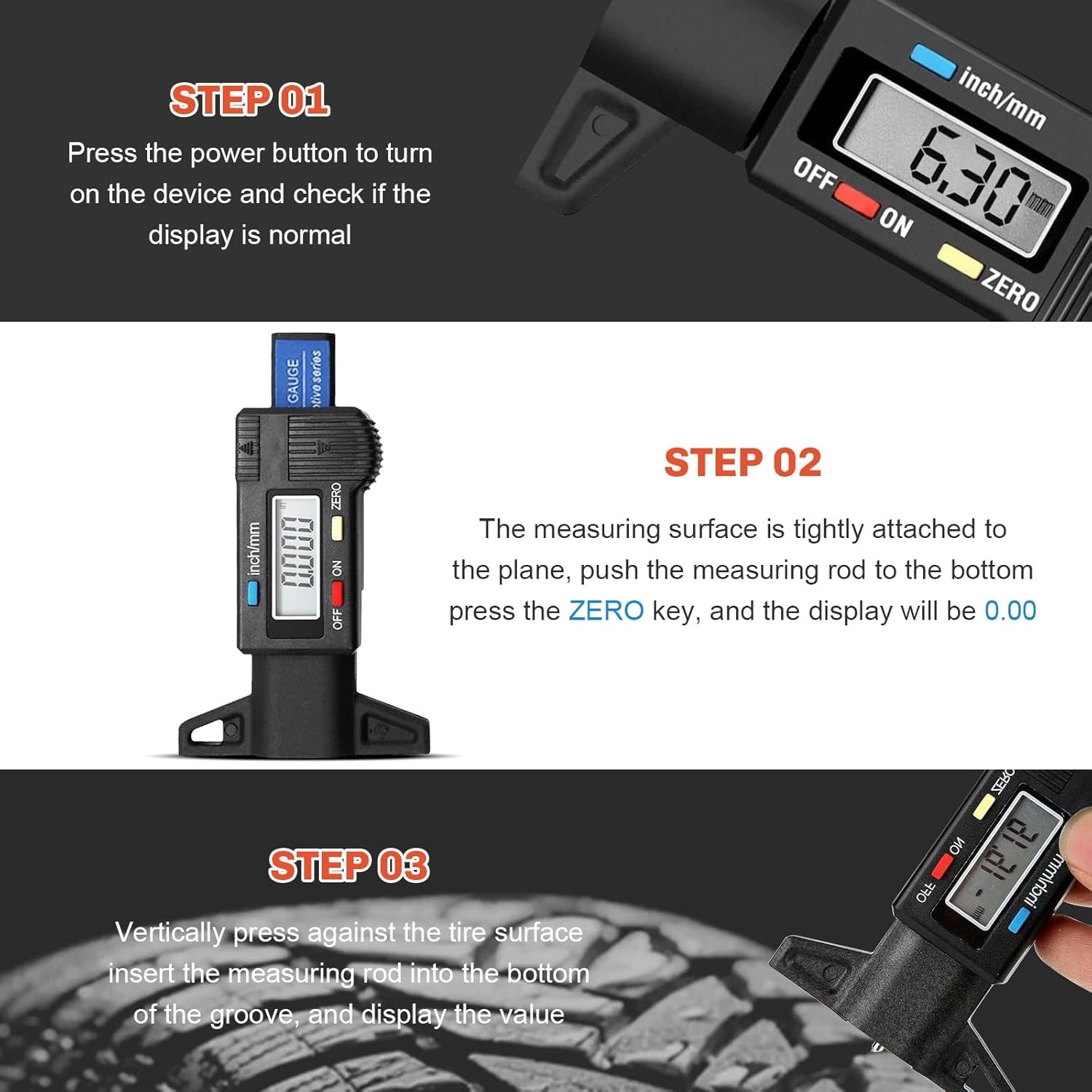 Tyre Tread Depth Gauge Portable Tread Depth Tester with Large Screen Display