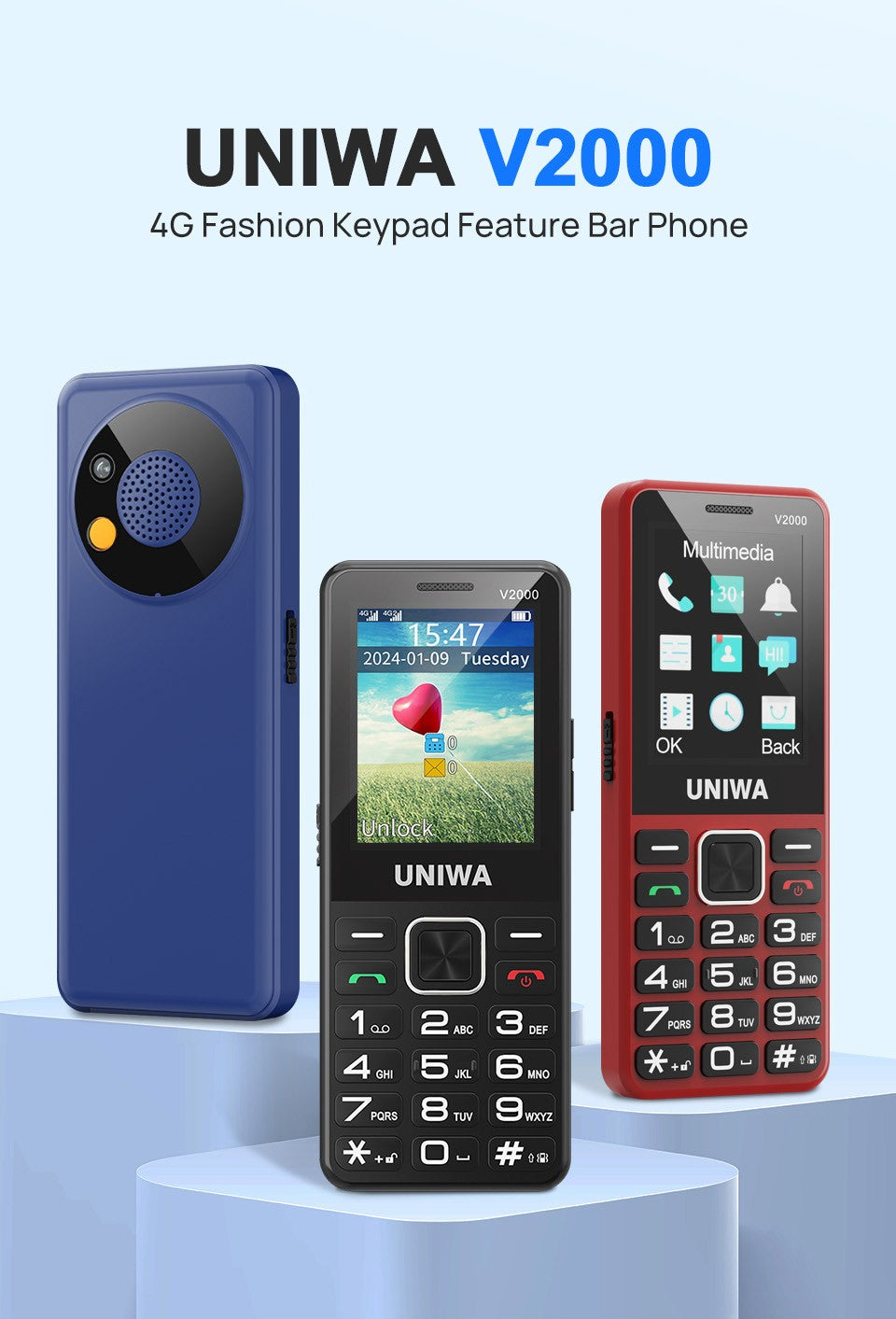 UNIWA V2000 2.4" 4G Mobile Dual SIM Big Button Cell Phone SOS Keyboard