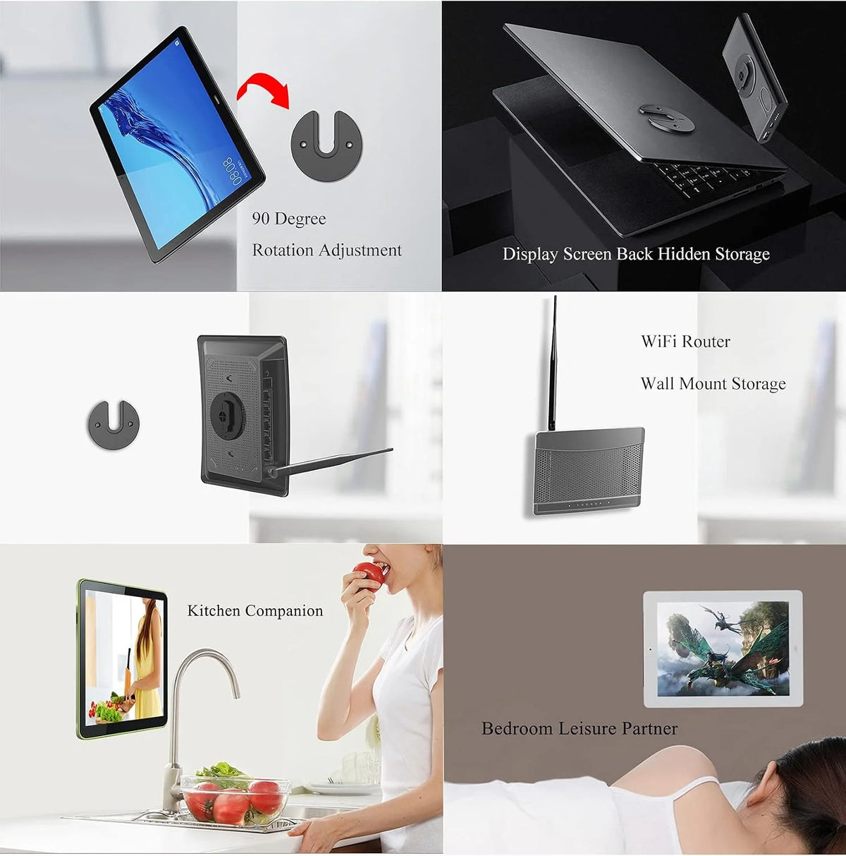 Universal Tablet Wall Mount Black Adjustable 90 Degrees Rotating Tablet Holder