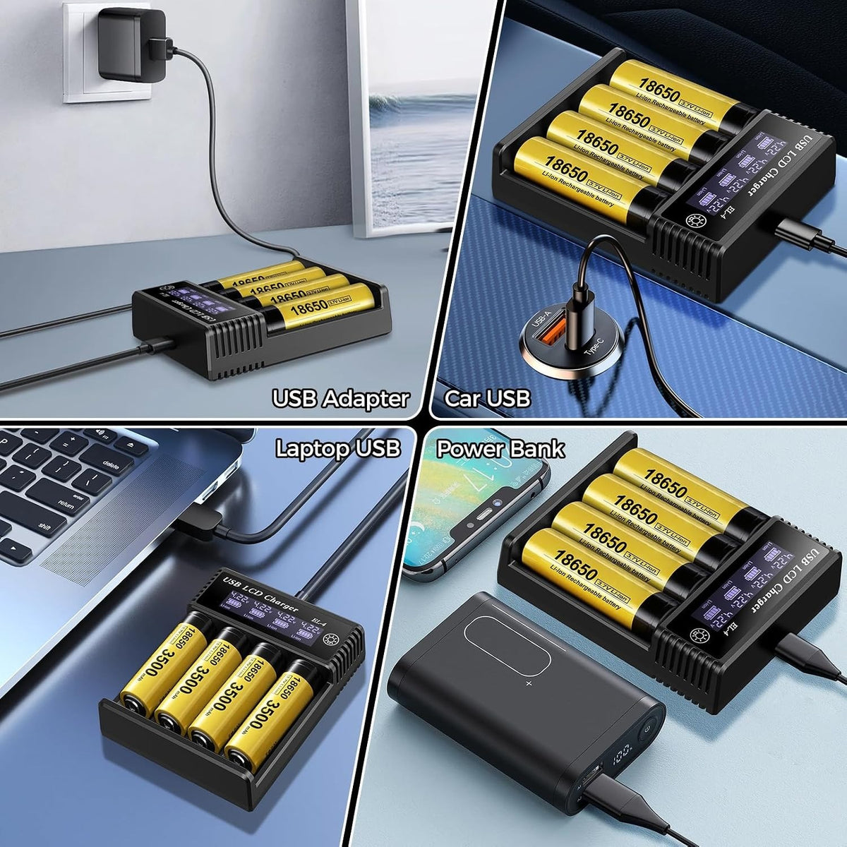 4 Bay Battery Charger LCD Display For Rechargeable Battery AA AAA 18650 26650