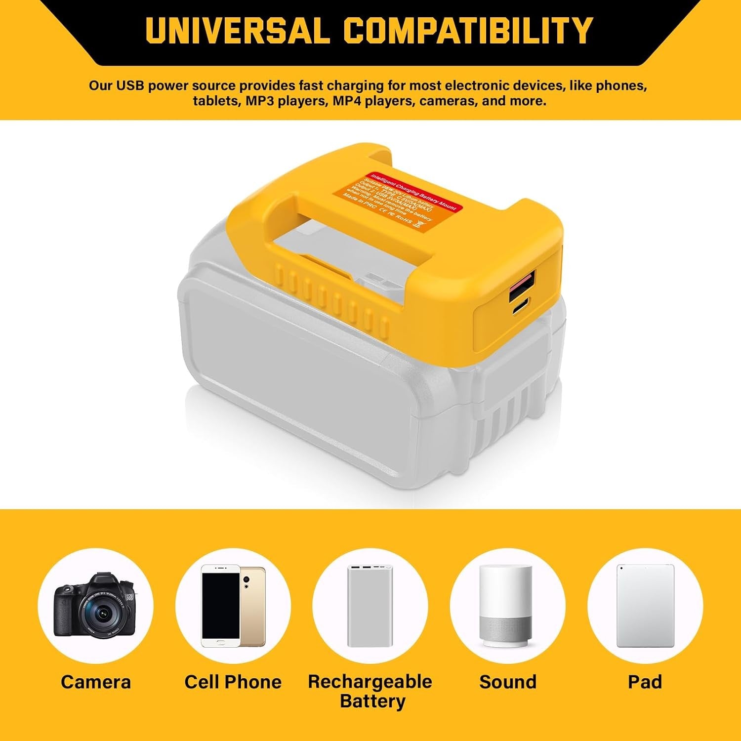 USB Fast Charger Adapter for Dewalt 20V Battery with USB & Type-C Rapid Charging