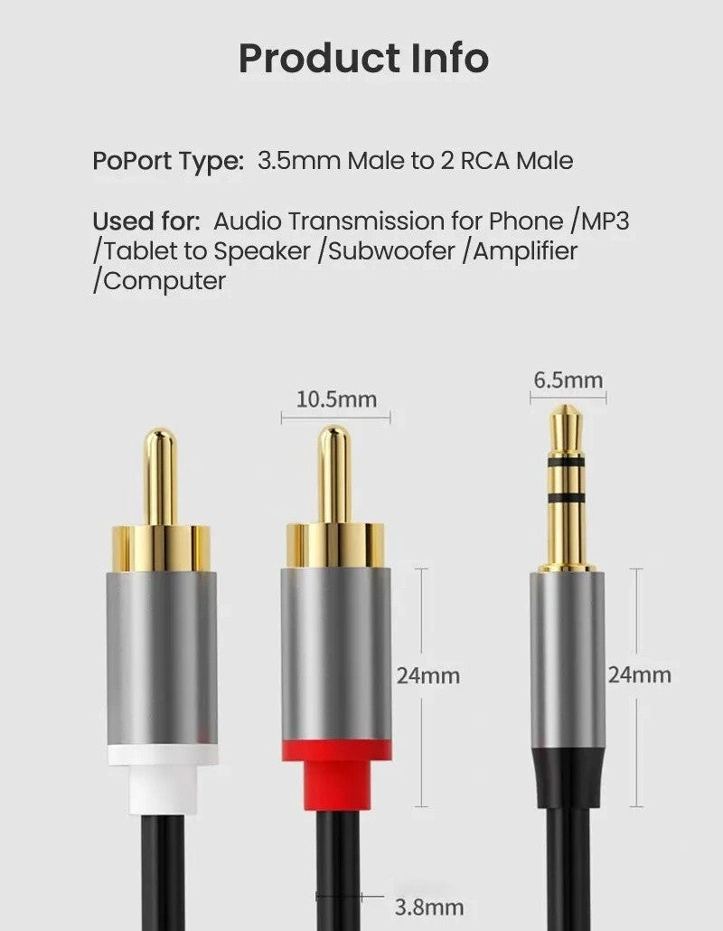 3.5mm Stereo Jack to 2x RCA Plugs Male to Male Aux Audio Cable Adapter 1.5M