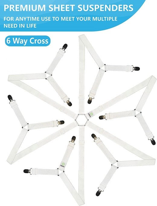 Bed Scrunchie with 6 Way Cross Elastic Bands and Corner Clips (White)