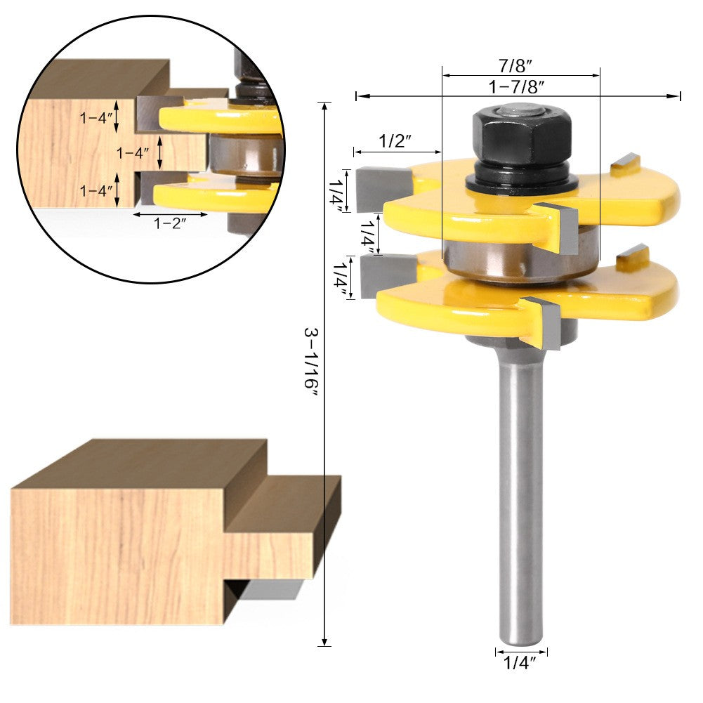 Tongue and Groove Router Bit Set 1/4'' Shank T-type Woodwork Milling Cutter 3pcs