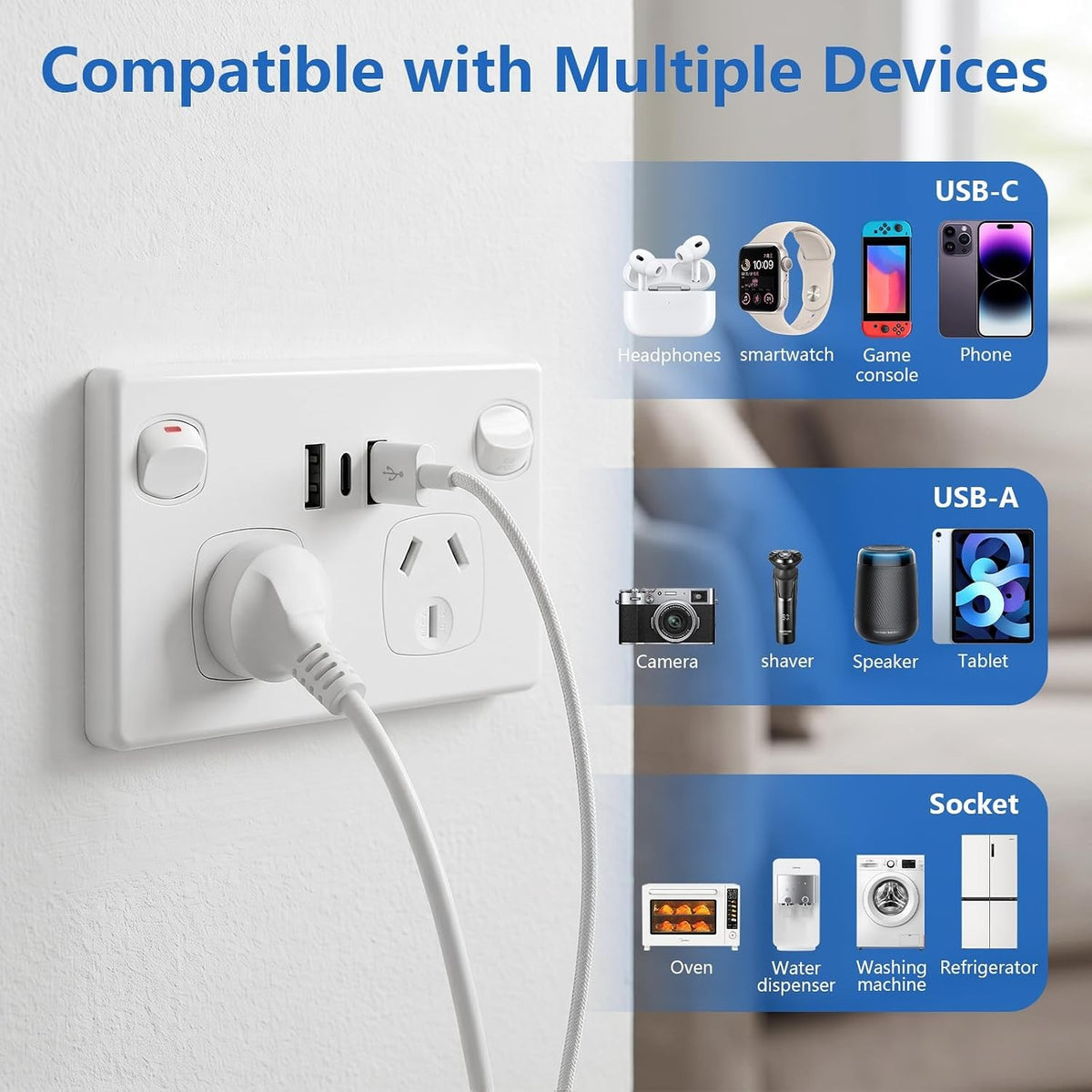 Wall Socket Power Point USB Double - Horizontal - 10A (USB Type C, USB)