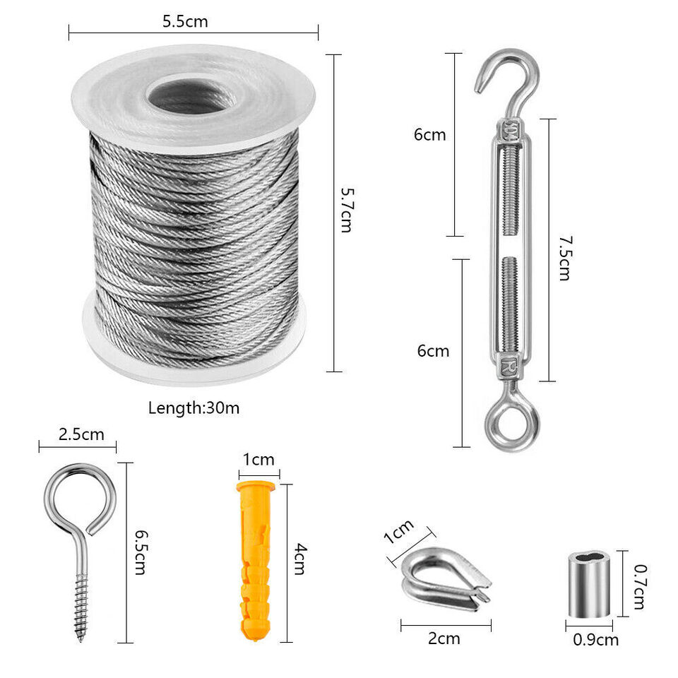 30M Stainless Steel Wire Rope Cable Kit Hooks Hanging Garden Railing Roll