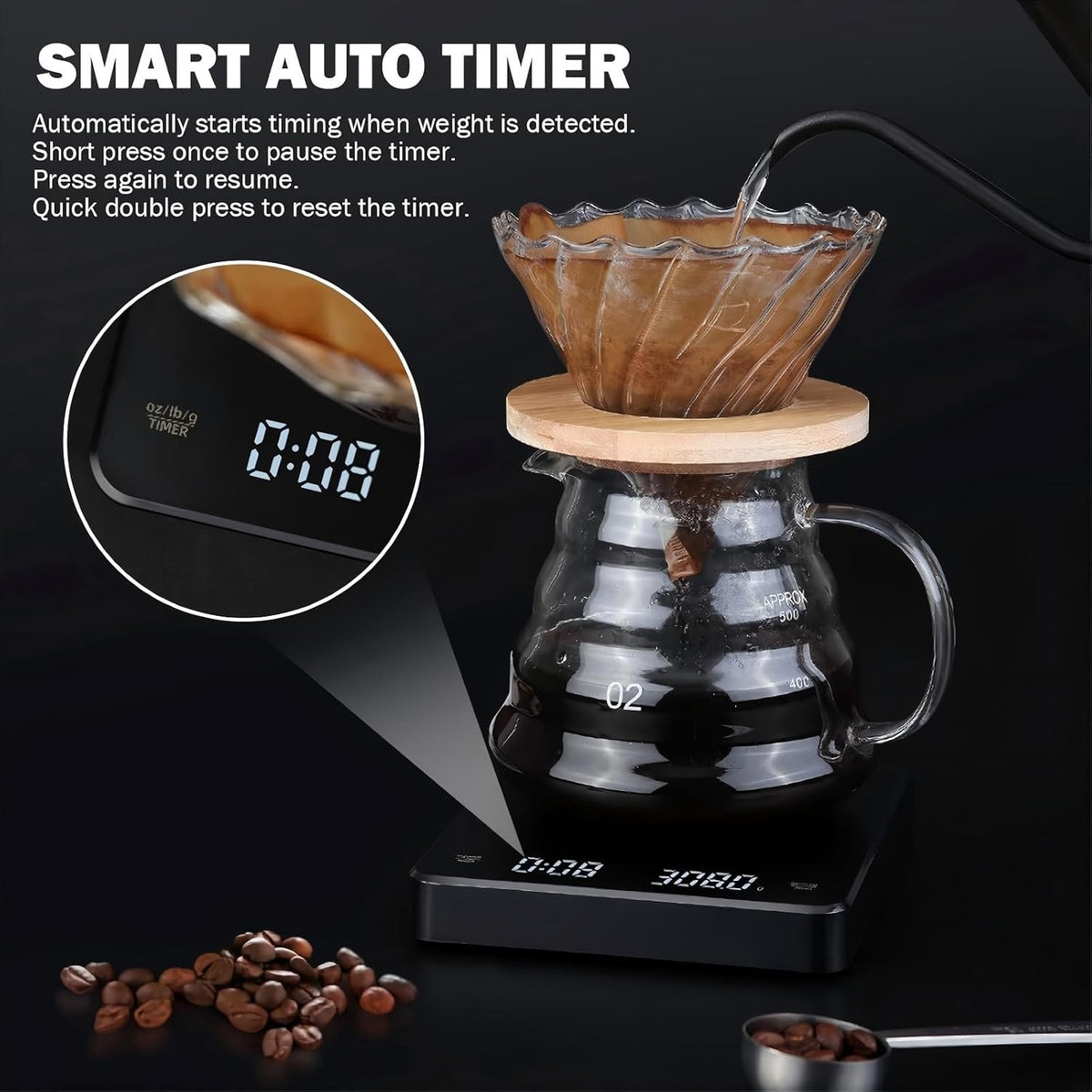 High Precision Digital Coffee Scale Rechargeable LED Display with Timer 3kg