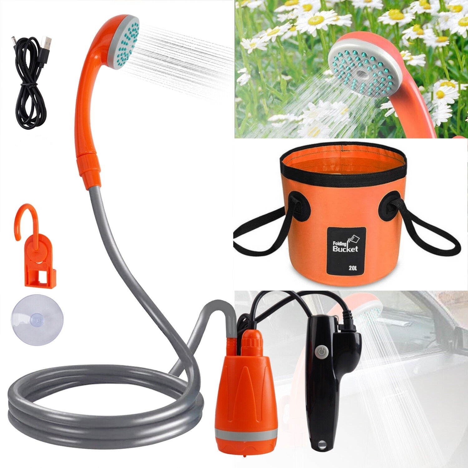 Portable Camping Shower Kit with Folding Bucket