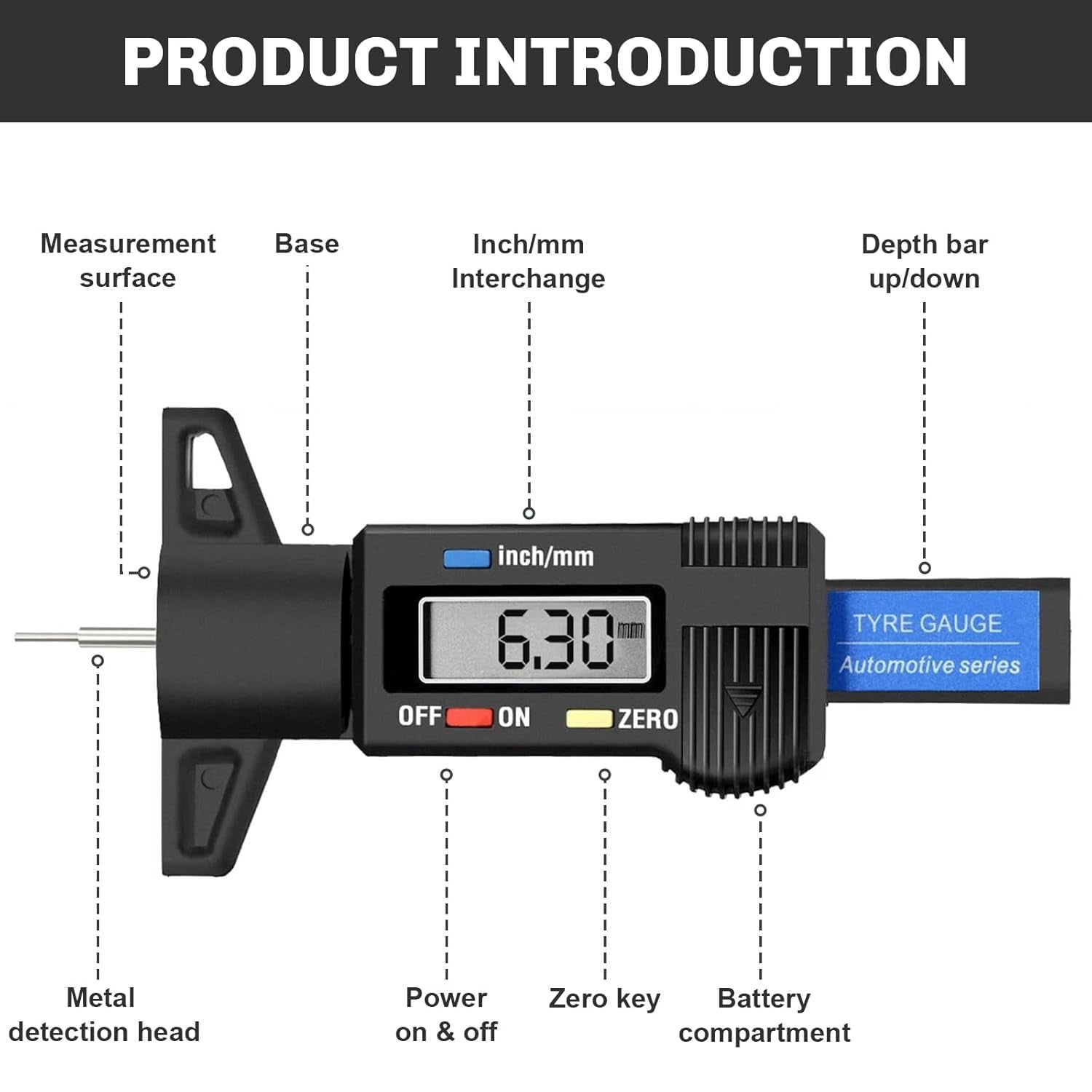 Tyre Tread Depth Gauge Portable Tread Depth Tester with Large Screen Display