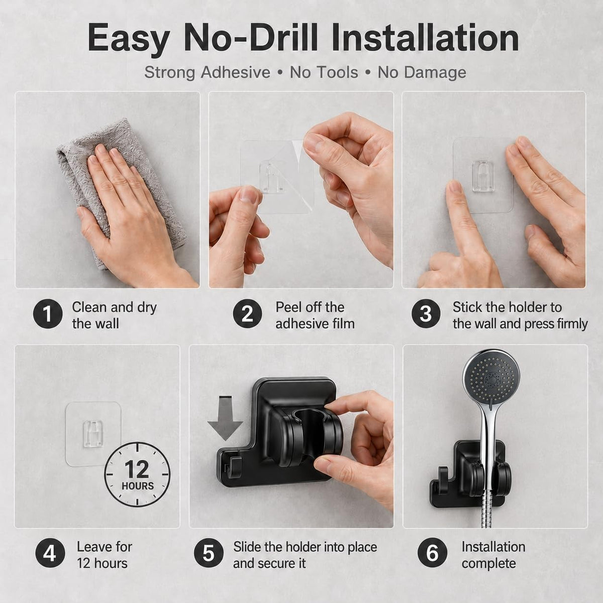 Shower Head Holder 45 Degree Rotatable No Drill Wall Mount Bracket with Hook