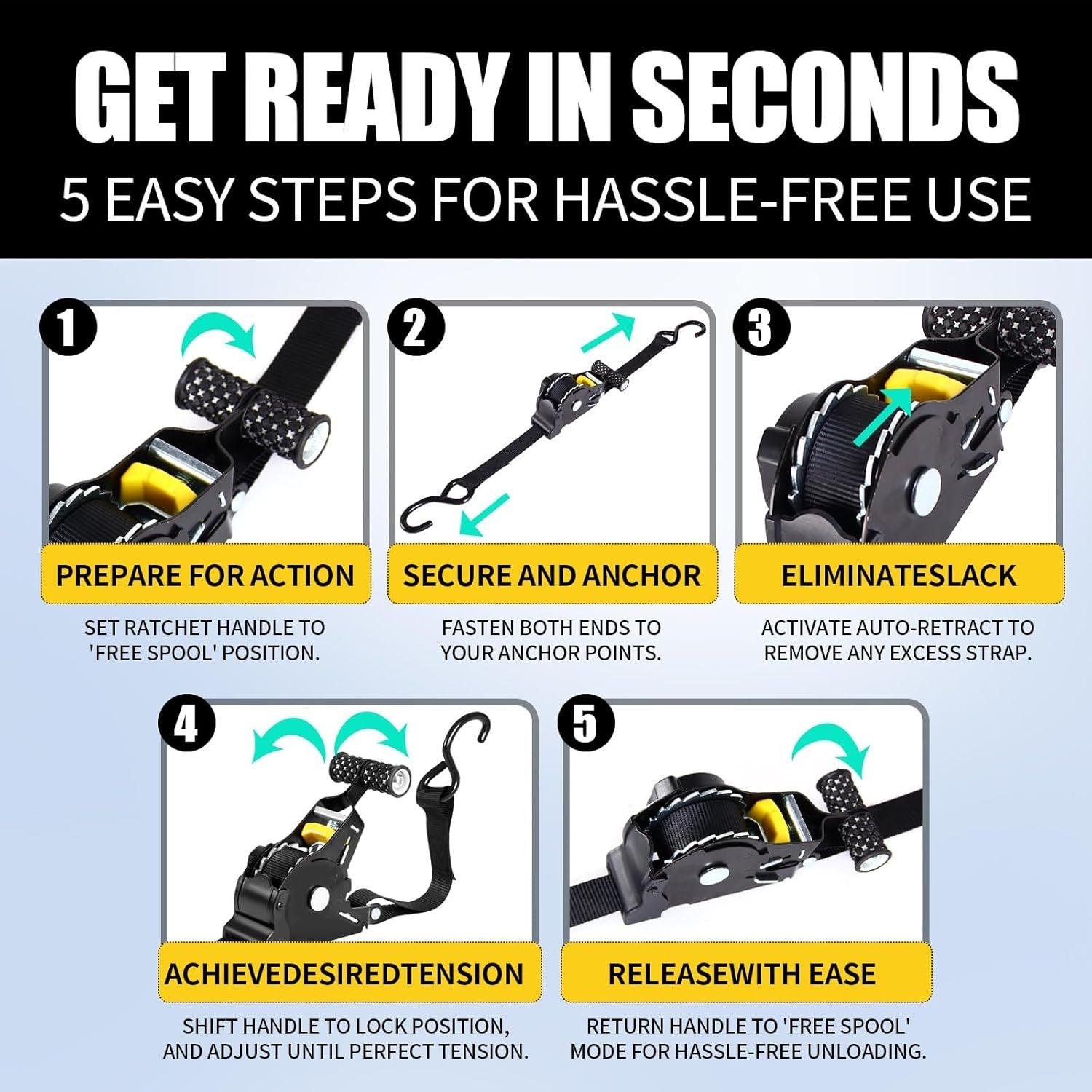 Heavy Duty Ratchet Straps Self Retractable Tie Down Straps with Soft Loops
