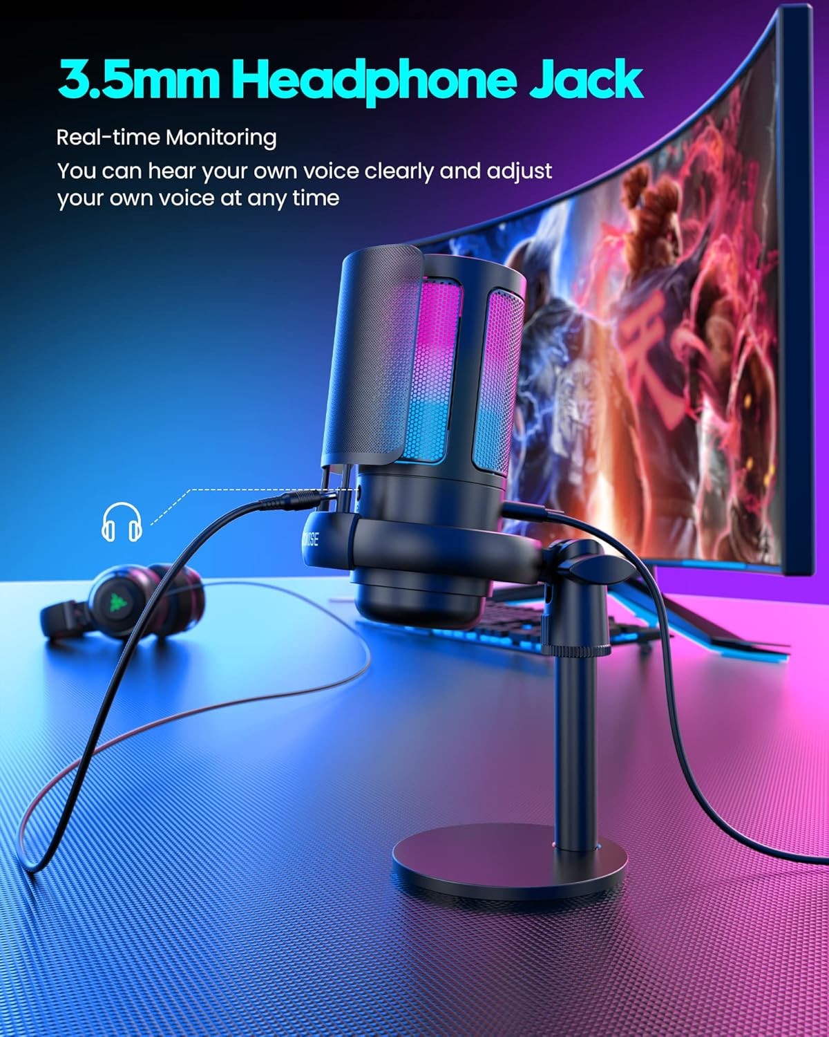 Gaming Microphone USB PC Mic for Podcasts Videos Streaming Quick Mute Pop Filter