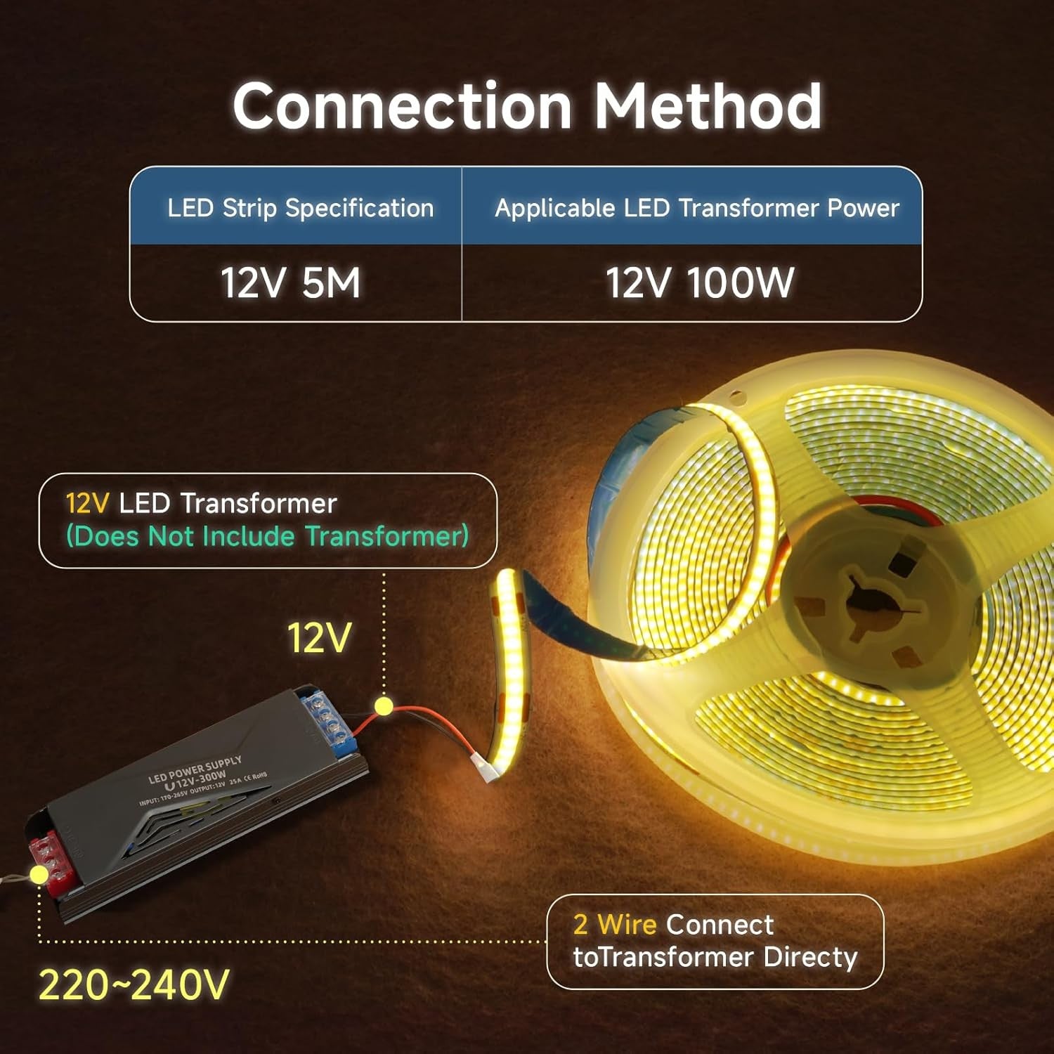 12V COB LED strip light 8mm 320 leds/m Warm White Tape Light 5M