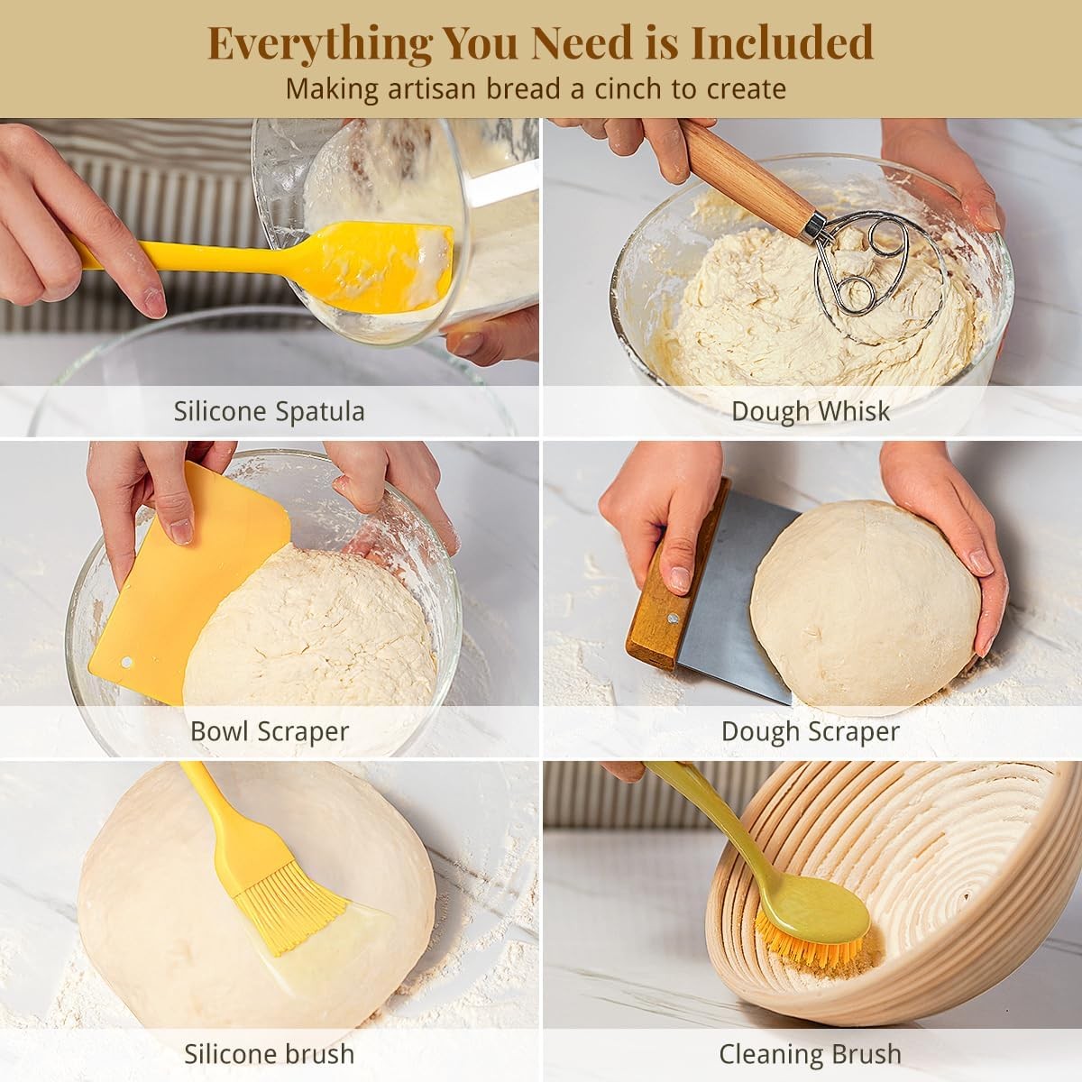 2PCS Bread Proofing Baskets Set with Dough Scraper Whisk Bread Lame