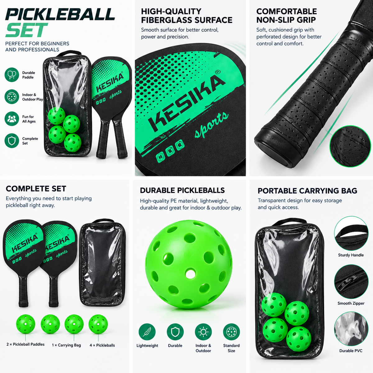 Pickleball Paddle Set 2pcs Paddles 4 Balls and Carry Bag