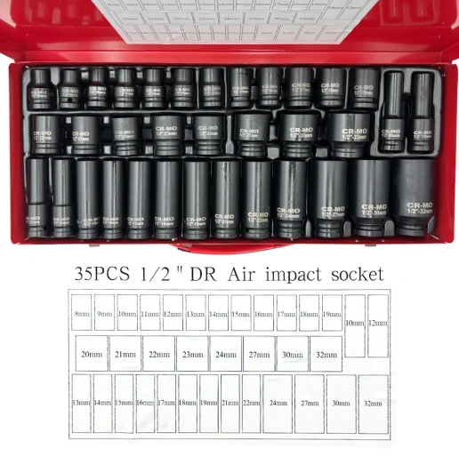35pcs 1/2" Drive Deep Impact Socket Tool Set Metric Garage Workshop Tools 8-32MM