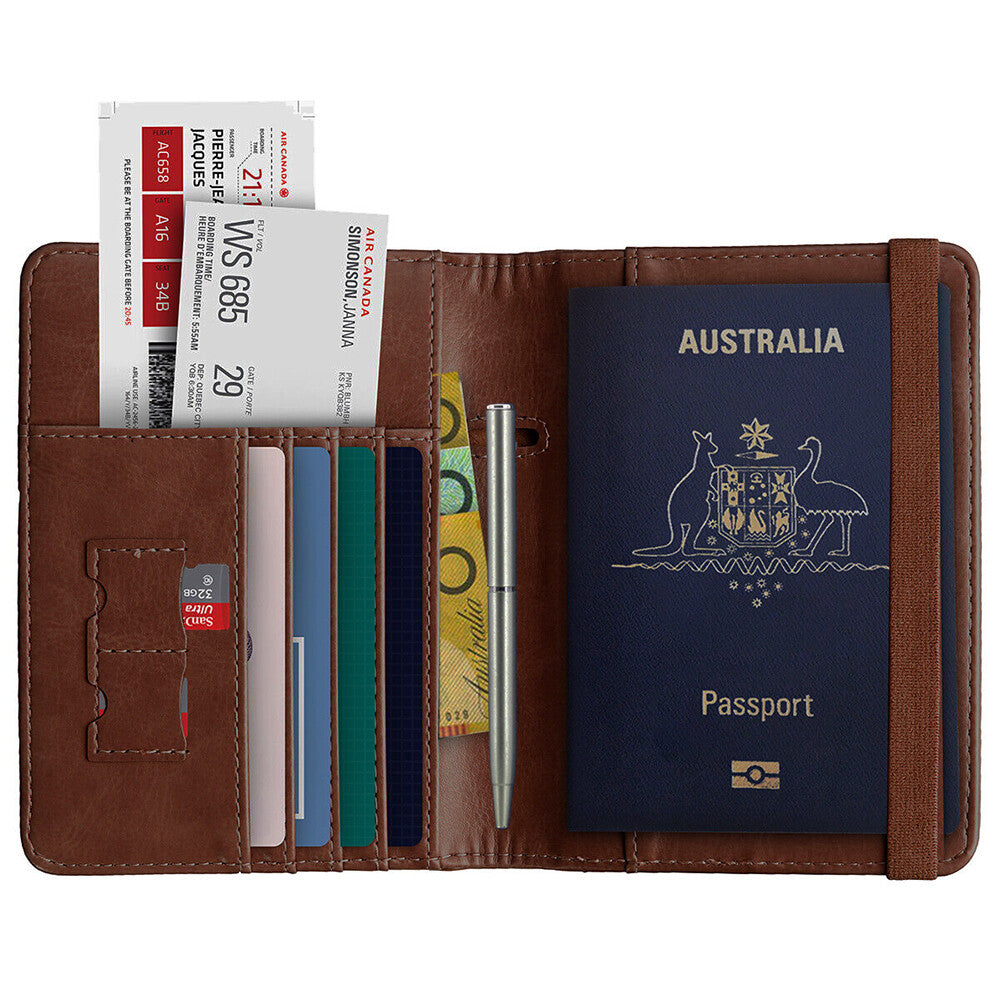 Slim Leather Travel Passport Pen Wallet Holder RFID Blocking ID Card Case Cover