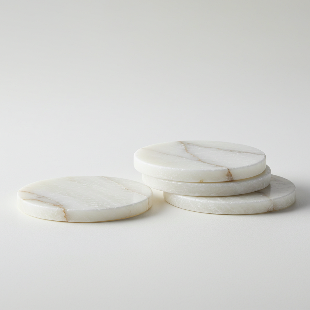 4PCS White Alabaster Marble Coaster Set