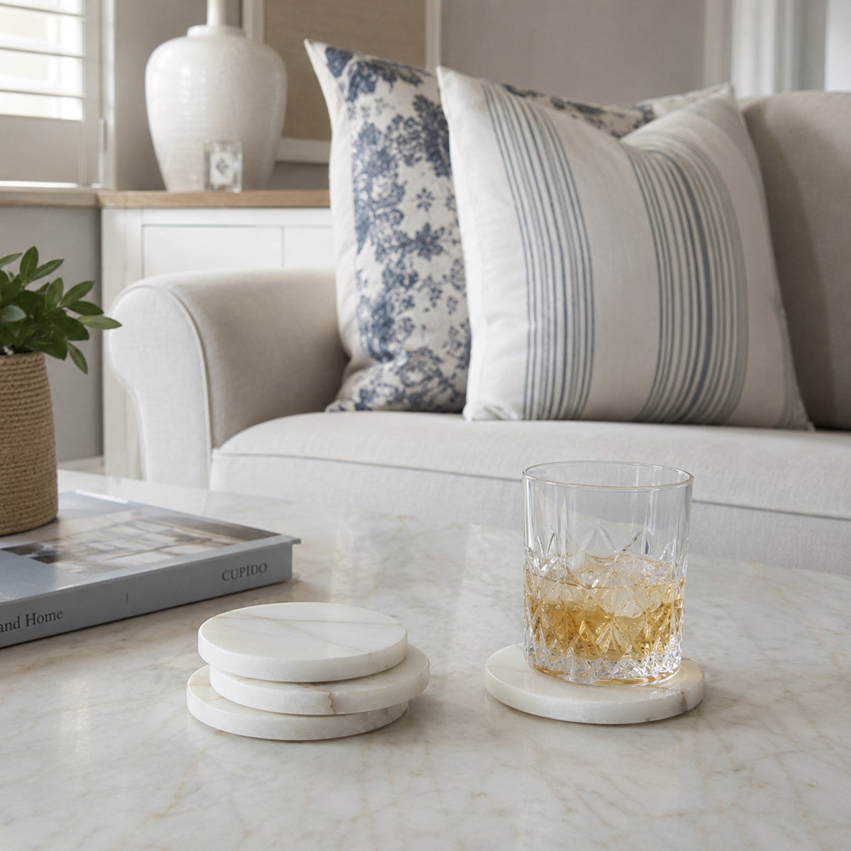 4PCS White Alabaster Marble Coaster Set
