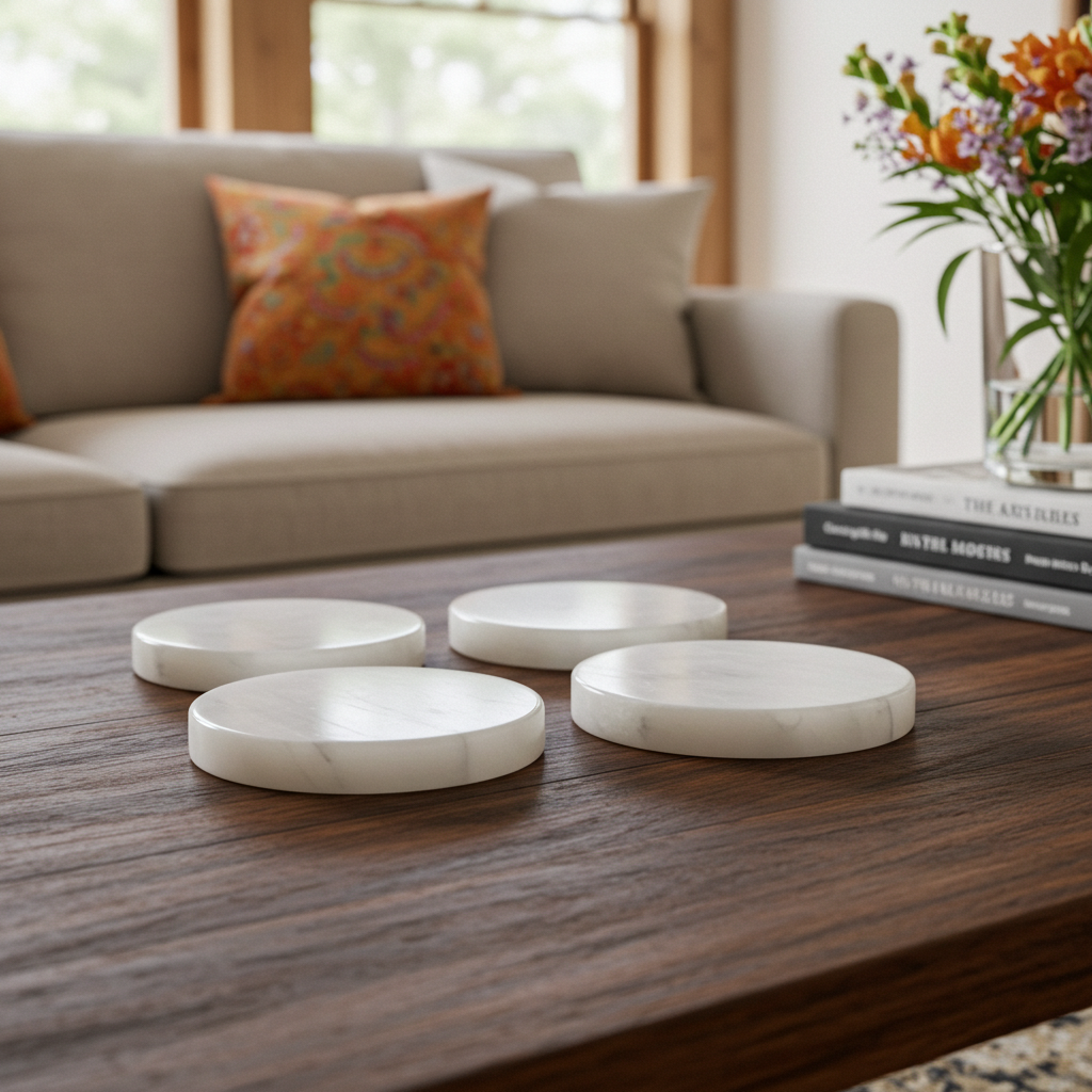 4PCS White Alabaster Marble Coaster Set