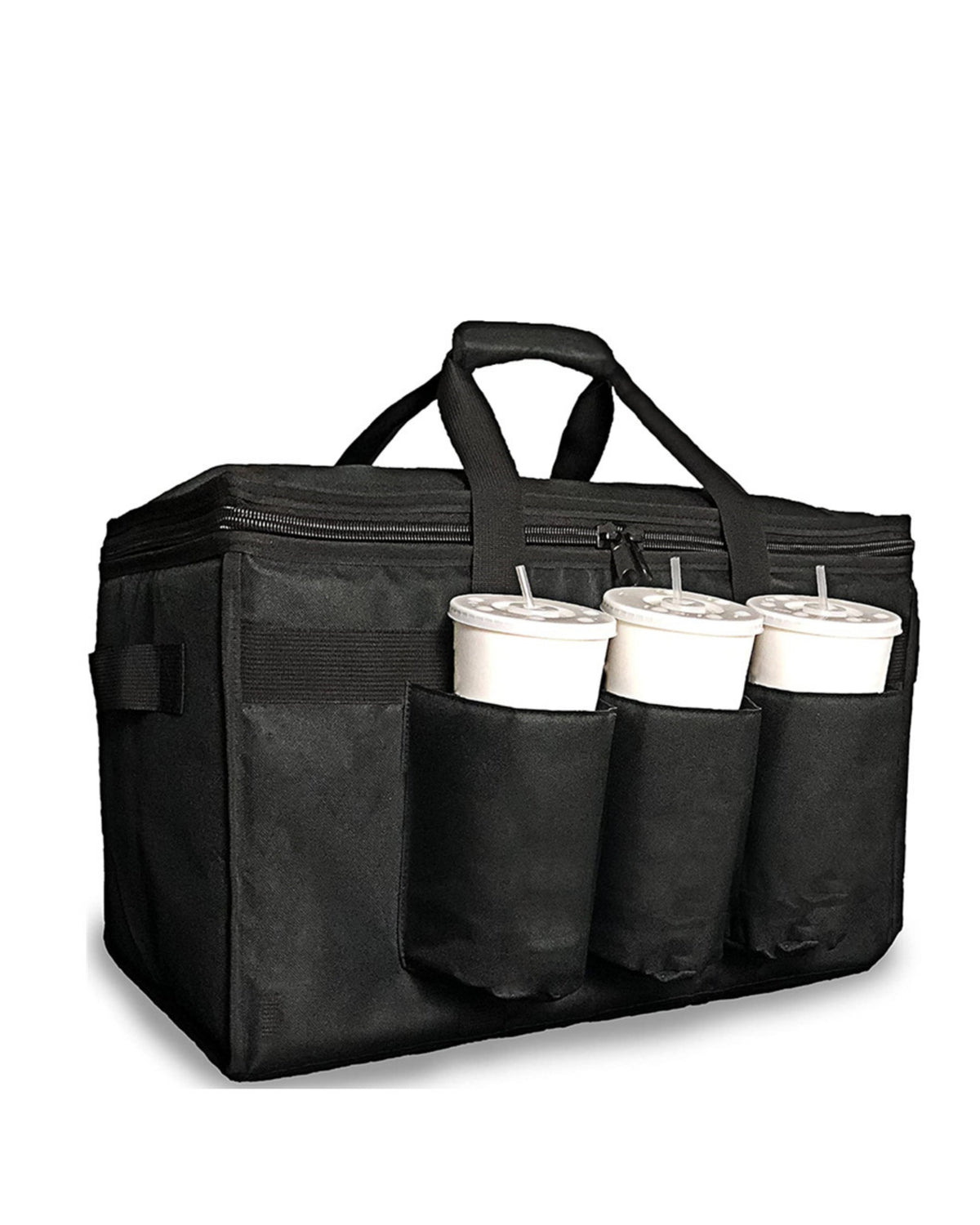 Insulated Food Delivery Bag with Cup Holders / Drink Carriers Great for Beverages, Grocery, Pizza, Hot and Cold, Black